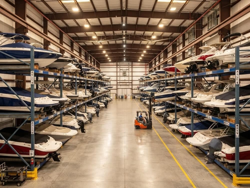 Boats stored on stands inside a covered indoor storage facility