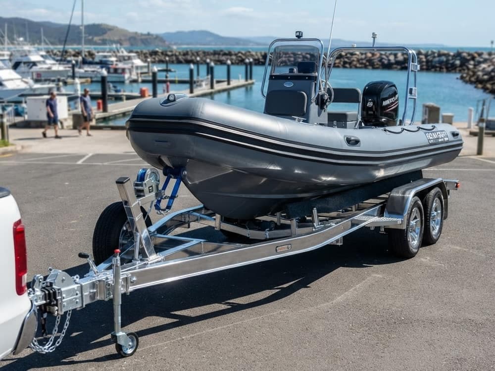 A stainless steel boat trailer with a RIB loaded on it