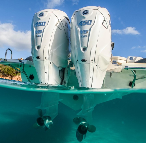 Twin Yamaha XF450 V8 outboard engines powering a boat